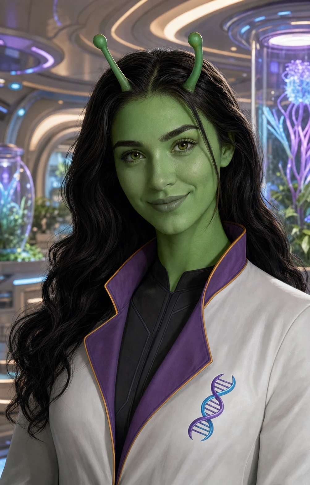 Dr. Aeliria St. Claire in a white XenoLife lab coat with a purple-and-blue DNA insignia inside a Garden conservatory.