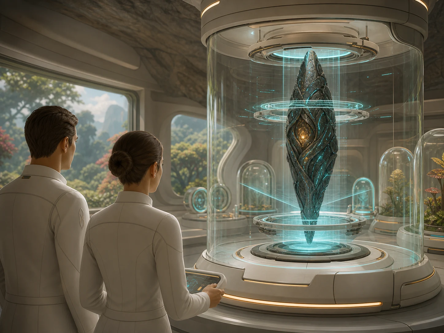 A recovered tapered artifact isolated in a bright XenoLife non-contact research chamber.