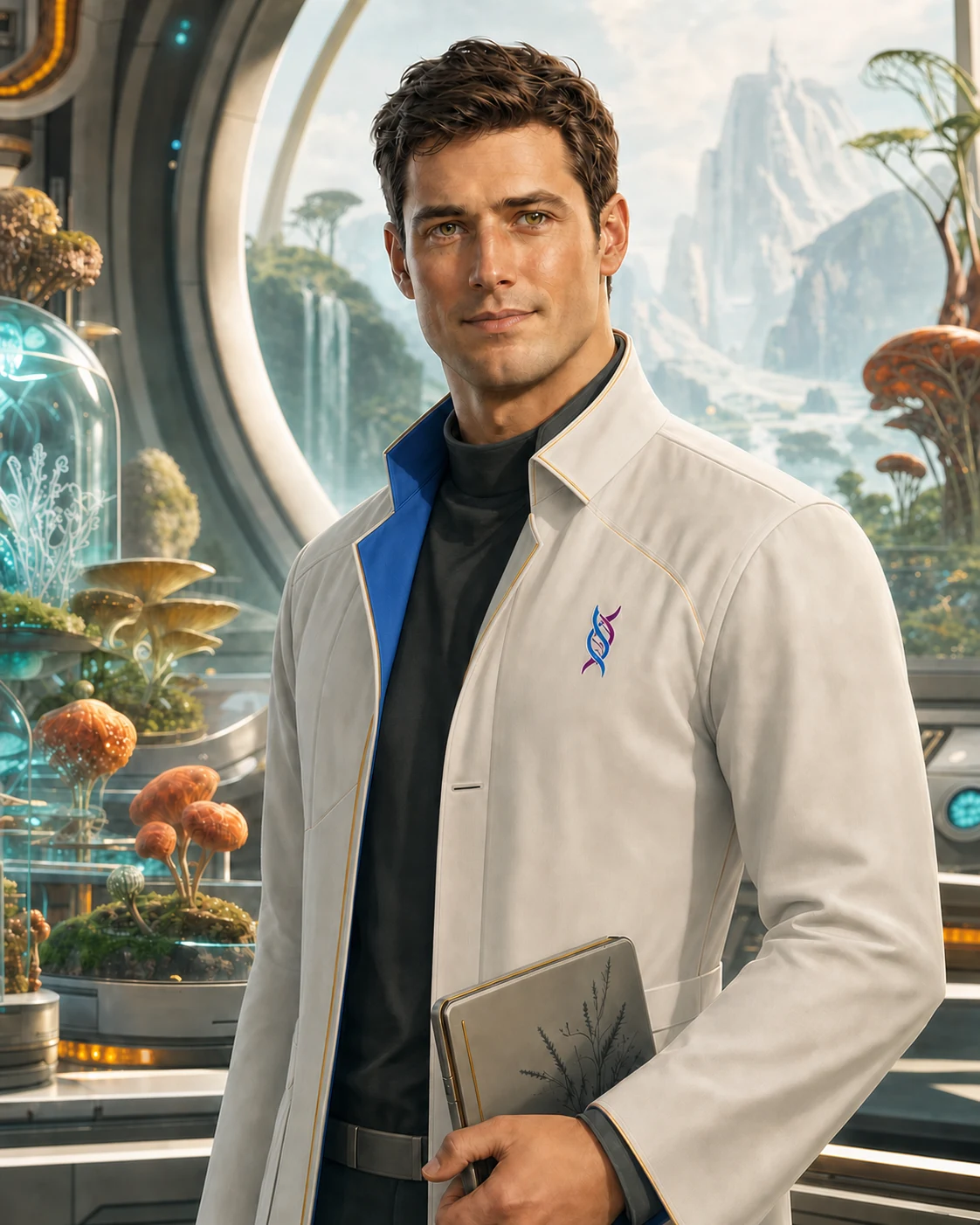 Dr. Drake Vellaut in a white XenoLife lab coat with a purple-and-blue DNA insignia inside a Garden conservatory.