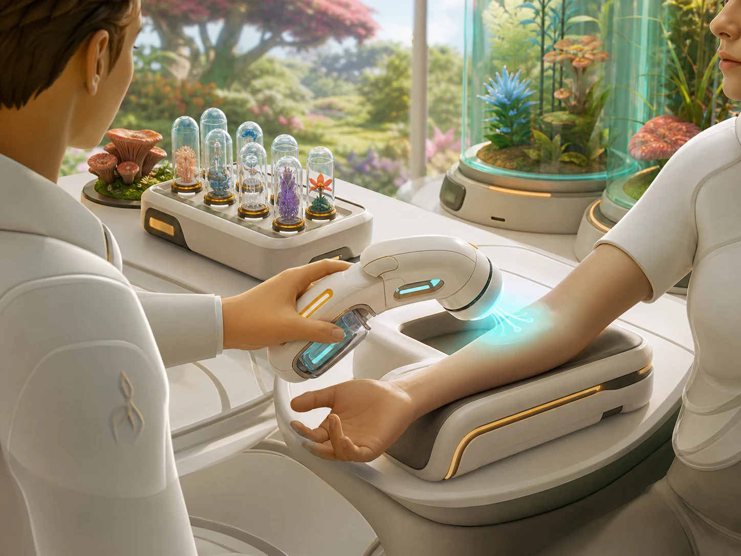 A clinician uses a portable XenoLife healing instrument beside sealed botanical treatment cultures.