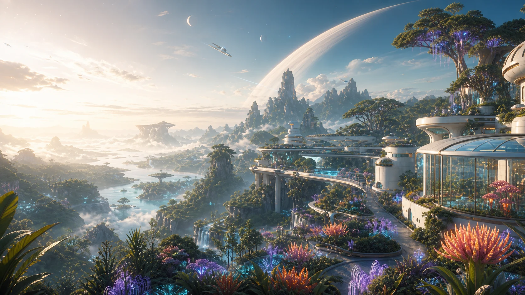 The XenoLife research campus set within a luminous Garden valley.
