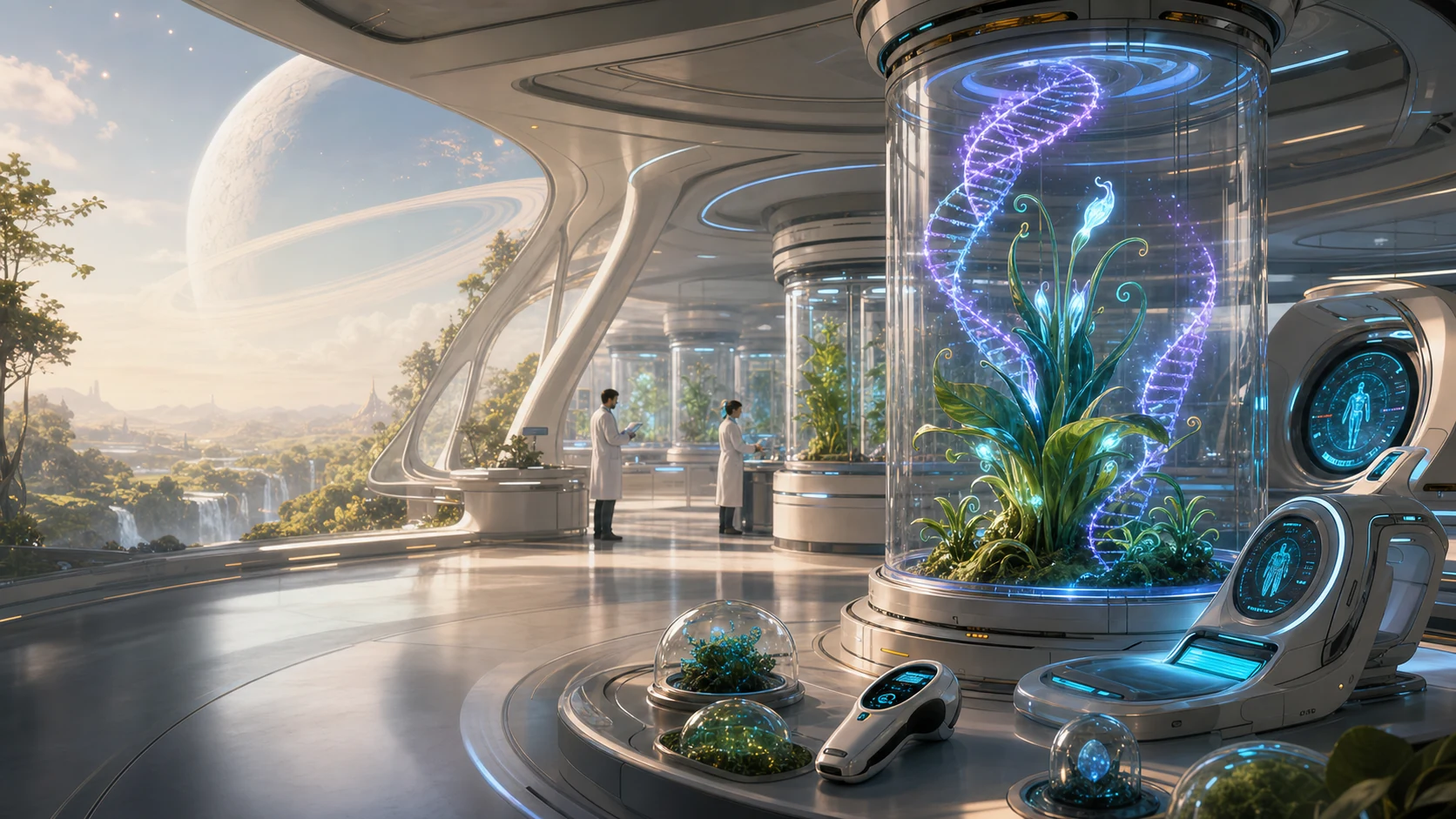 A bright XenoLife laboratory overlooking The Garden, where a medicinal alien plant is studied inside a purple and blue DNA analysis chamber.